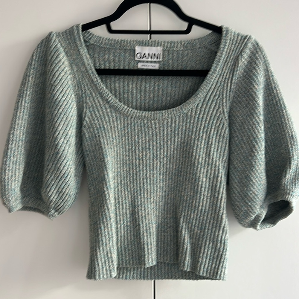 Ganni Puff Sleeve Linen/Cotton Sweater